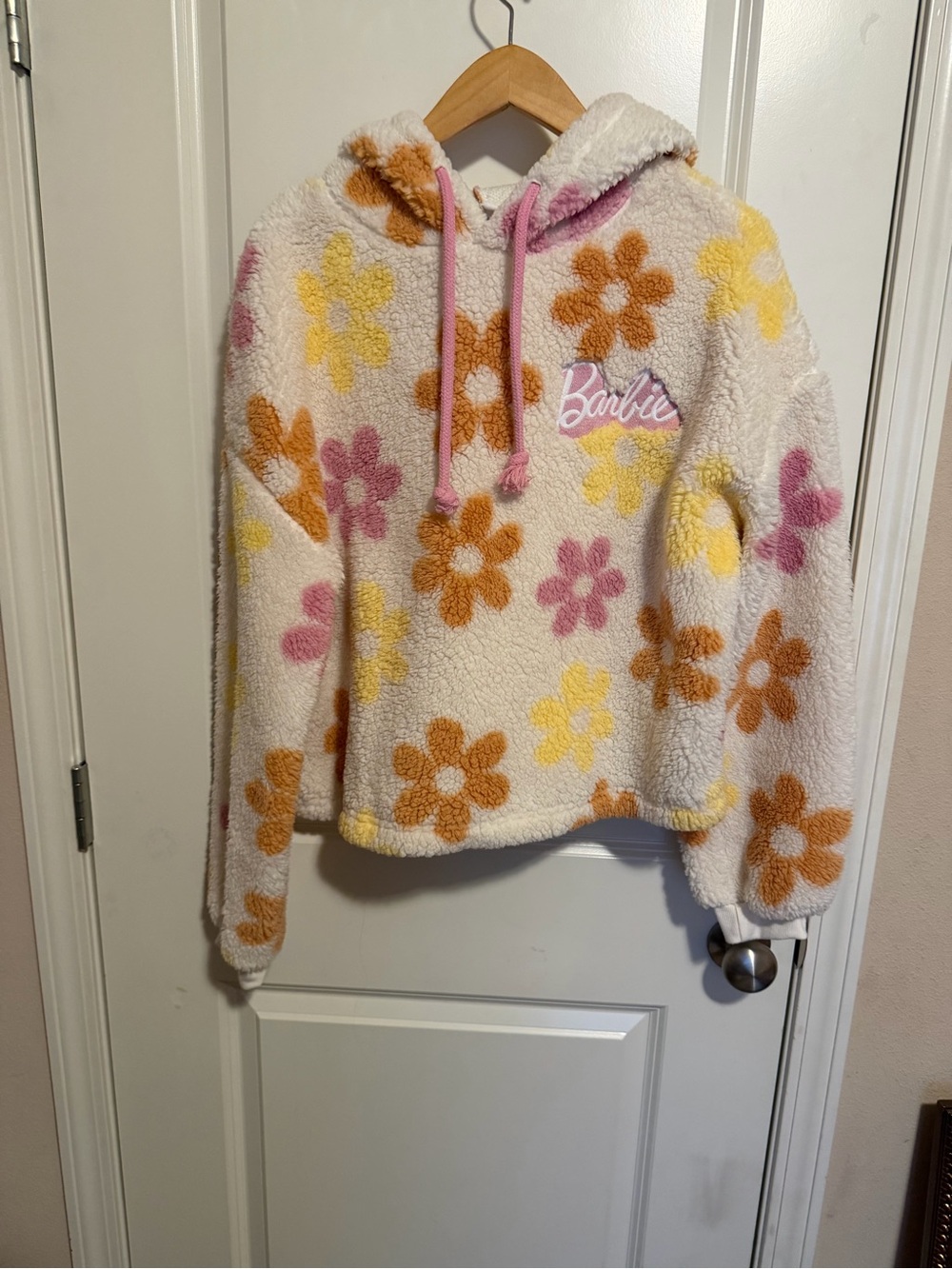 Barbie Cream Sherpa Hoodie with Pink, Yellow & Orange Floral Print
